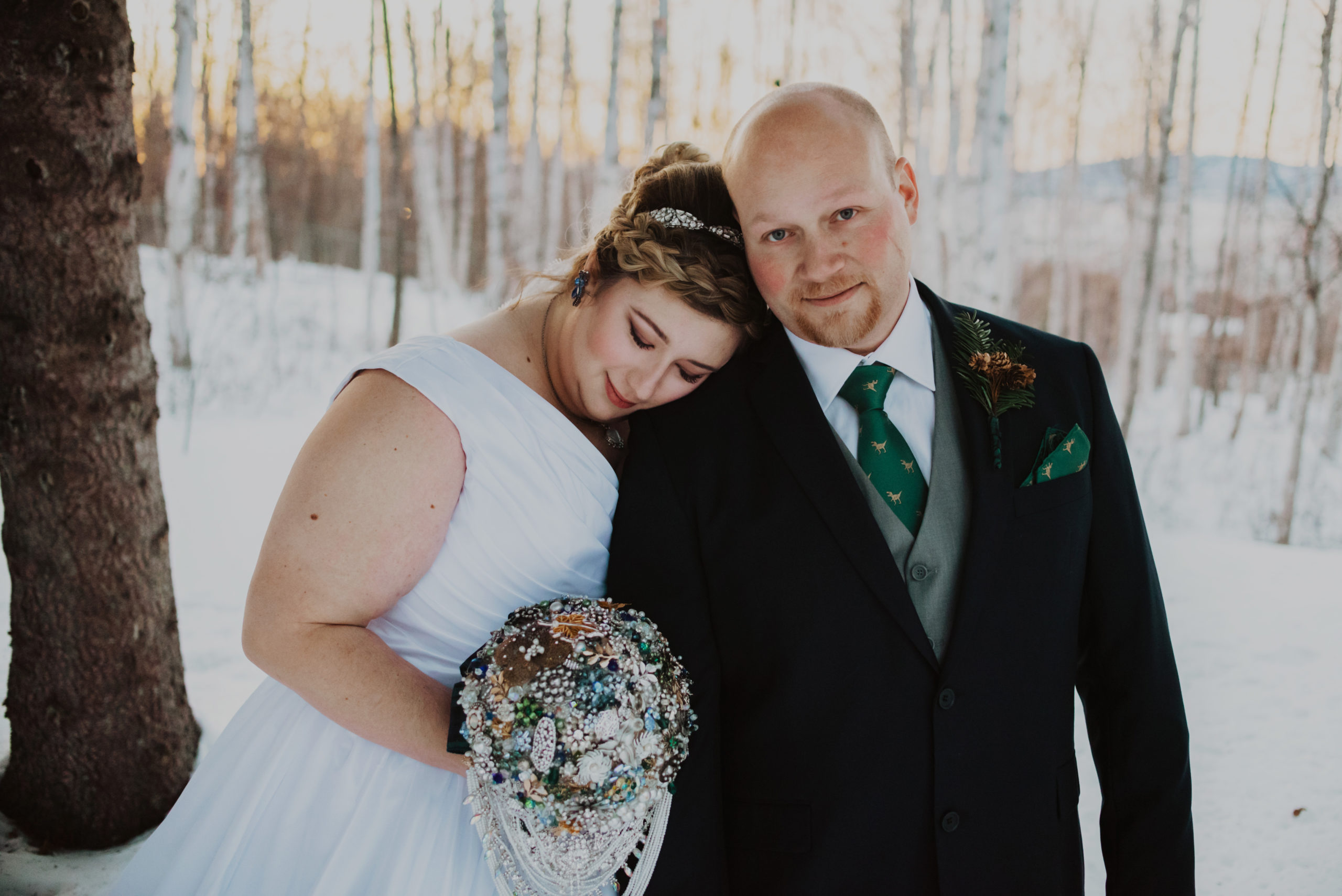 The Lindholm wedding in Fairbanks, Alaska on a below-zero day under the alpenglow at Huffman Manor.